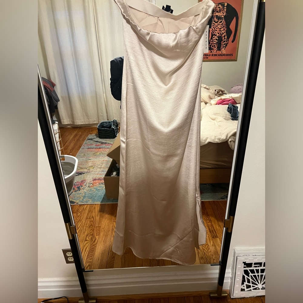 Beverley and Beck long satin strapless dress
